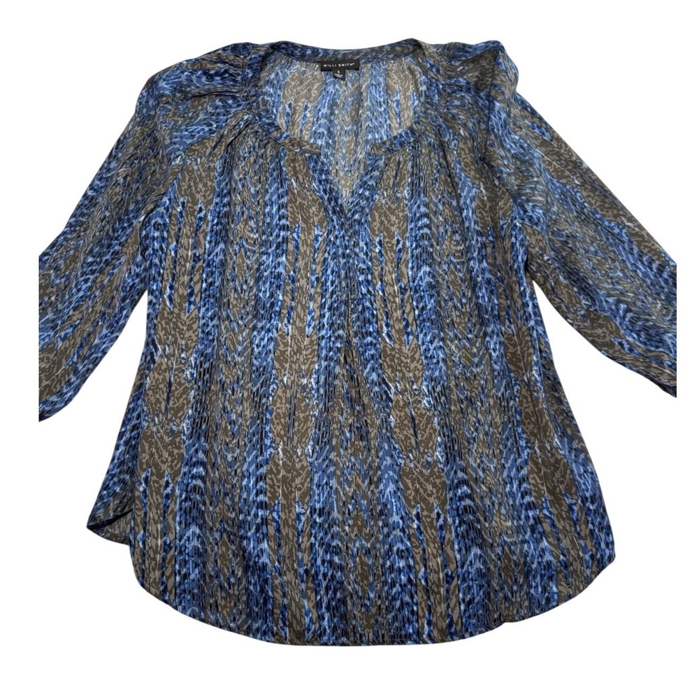 Willi Smith Womens Blouse Small Blue Gray Abstract Print Sheer Long Sleeve Top